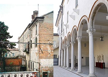 Loggia e cortile, prima e dopo il restauro