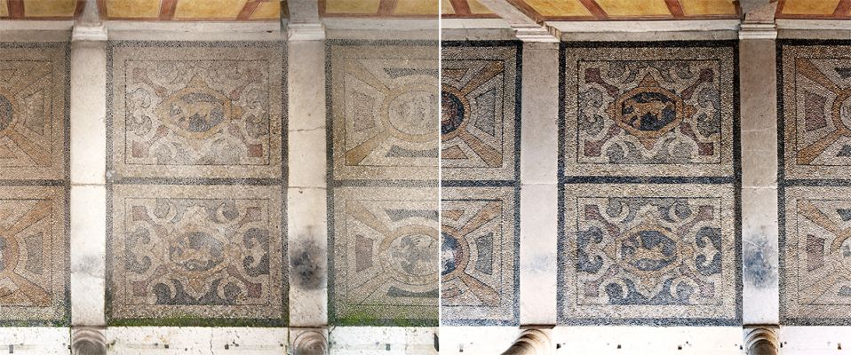 Pavimento della loggia prima e dopo il restauro (Foto di Guido Bazzotti)